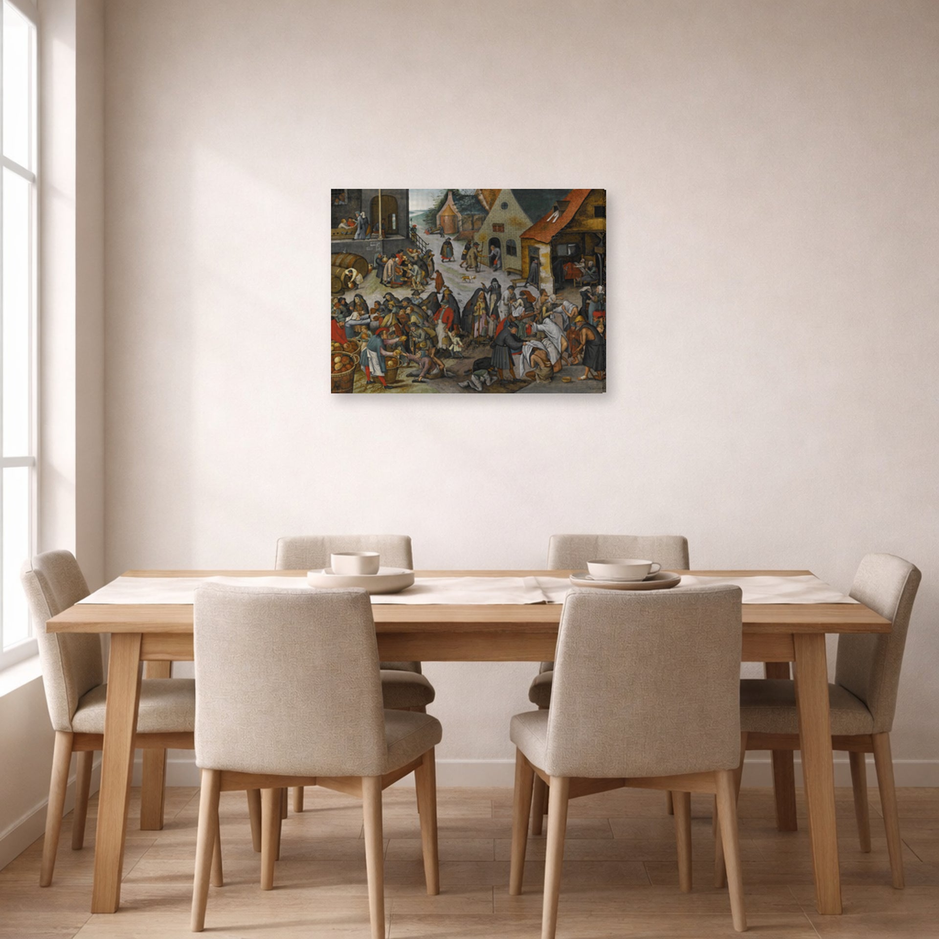 Gallery-wrapped canvas print of Pieter Bruegel the Elder's The Seven Acts of Mercy displayed on a wall in a dining room