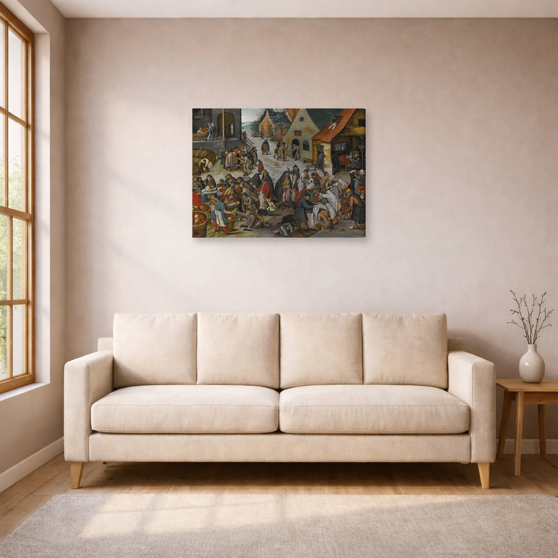 Gallery-wrapped canvas print of Pieter Bruegel the Elder's The Seven Acts of Mercy displayed on a wall in a living room