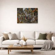 Gallery-wrapped canvas print of Pieter Bruegel the Elder's The Seven Acts of Mercy displayed on a wall in a living room