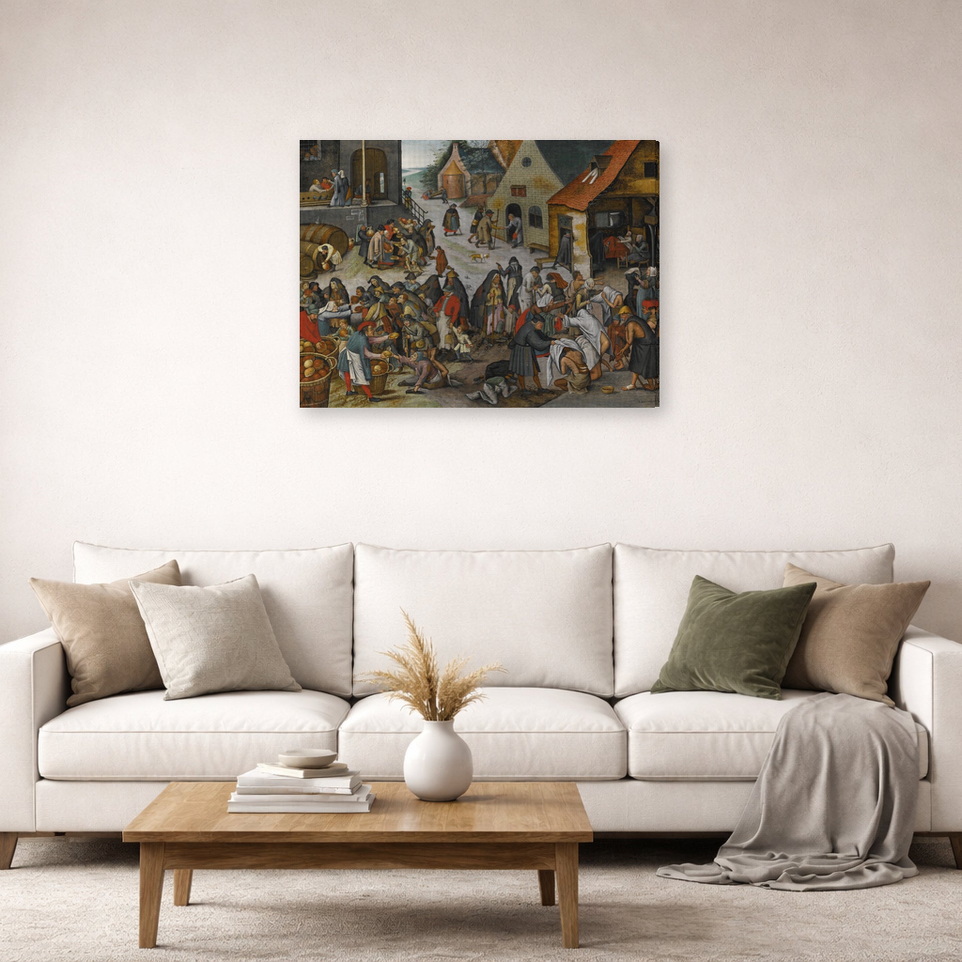 Gallery-wrapped canvas print of Pieter Bruegel the Elder's The Seven Acts of Mercy displayed on a wall in a living room