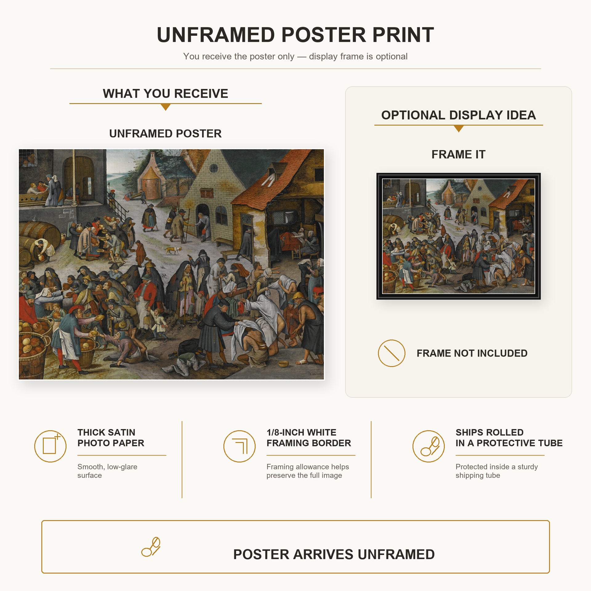 Pieter Bruegel the Elder - The Seven Acts of Mercy poster print size comparison and framing display infographic