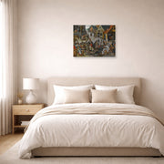 Unframed poster print of Pieter Bruegel the Elder's The Seven Acts of Mercy displayed on a wall in a bedroom