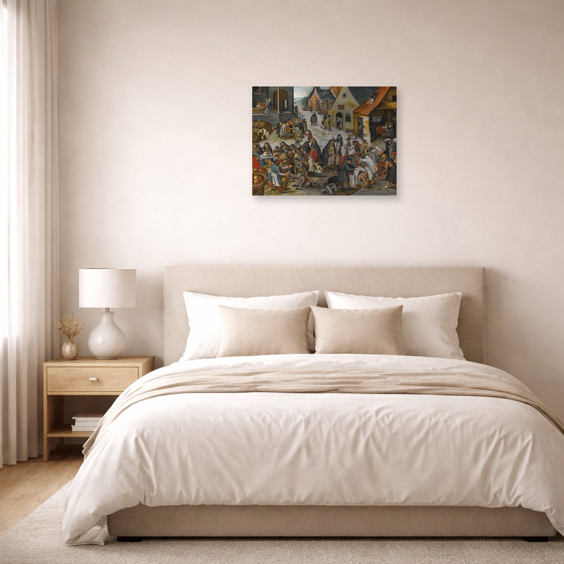 Unframed poster print of Pieter Bruegel the Elder's The Seven Acts of Mercy displayed on a wall in a bedroom