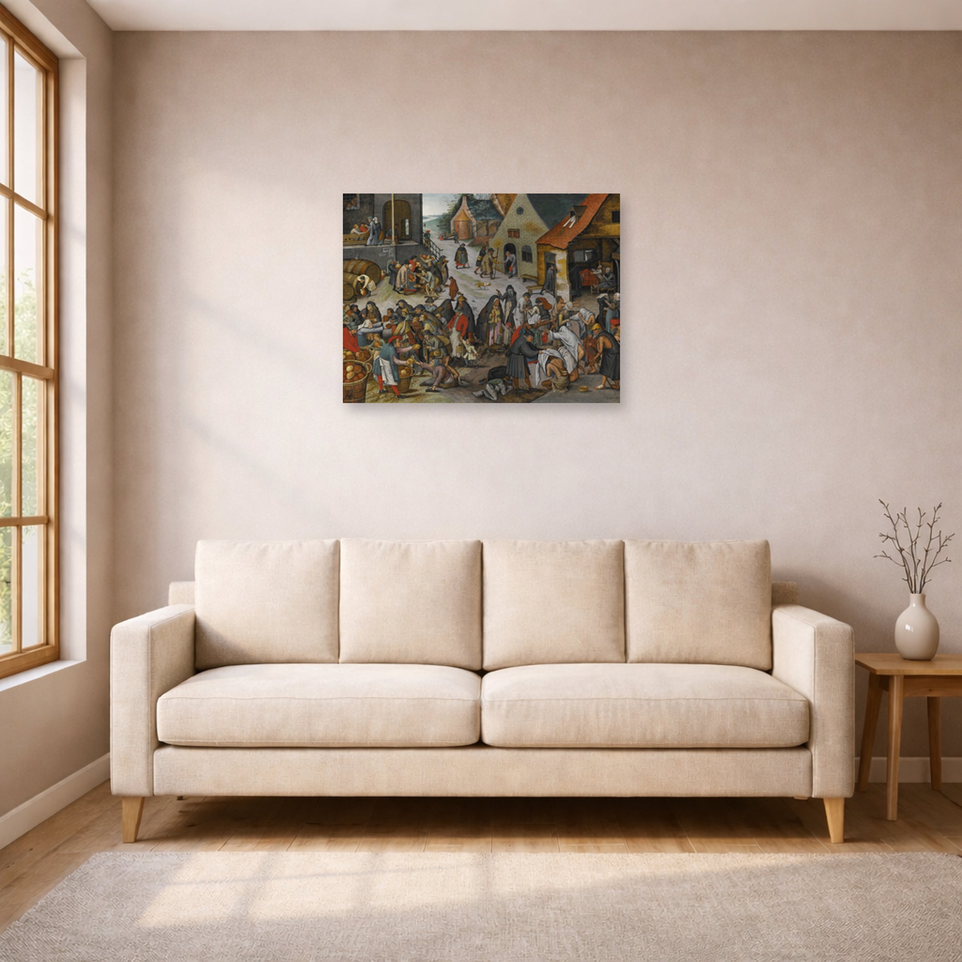 Unframed poster print of Pieter Bruegel the Elder's The Seven Acts of Mercy displayed on a wall in a living room