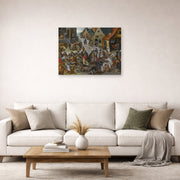 Unframed poster print of Pieter Bruegel the Elder's The Seven Acts of Mercy displayed on a wall in a living room