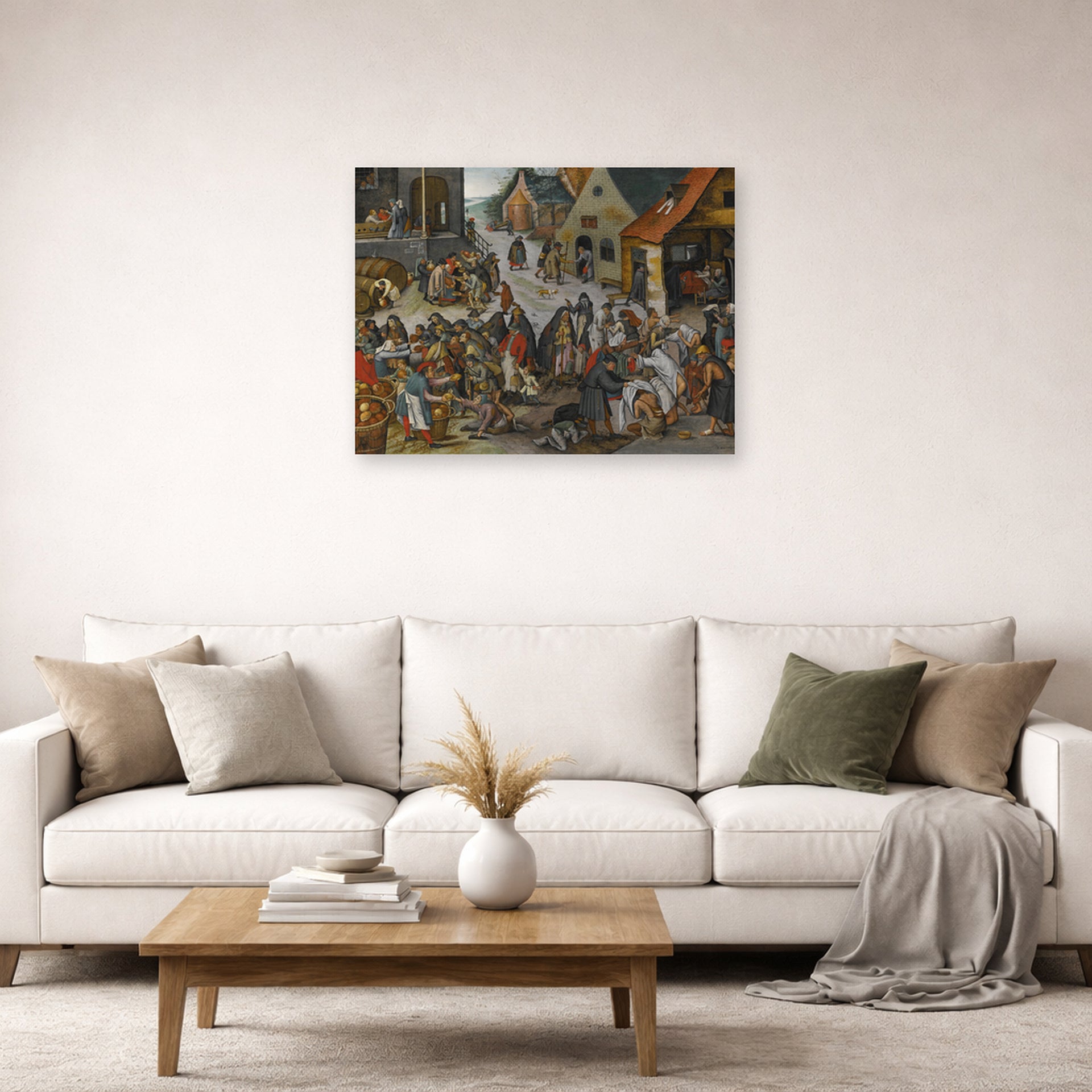 Unframed poster print of Pieter Bruegel the Elder's The Seven Acts of Mercy displayed on a wall in a living room