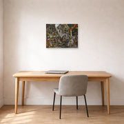 Unframed poster print of Pieter Bruegel the Elder's The Seven Acts of Mercy displayed on a wall in a home office