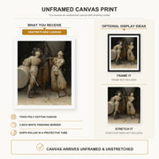 Pieter Bruegel the Elder - The Three Soldiers canvas print size comparison and framing display infographic