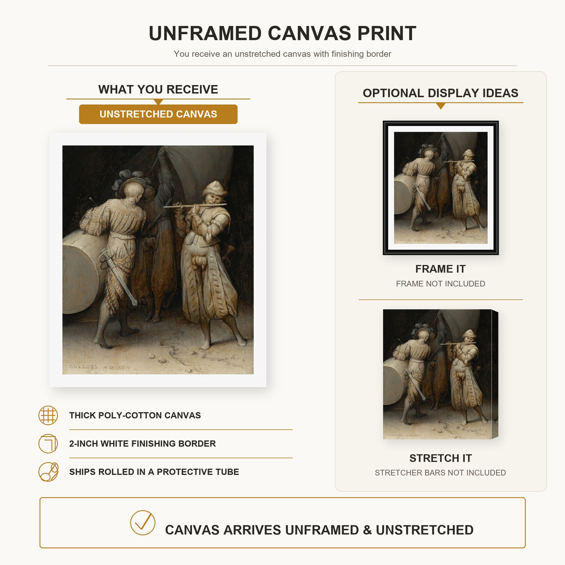 Pieter Bruegel the Elder - The Three Soldiers canvas print size comparison and framing display infographic