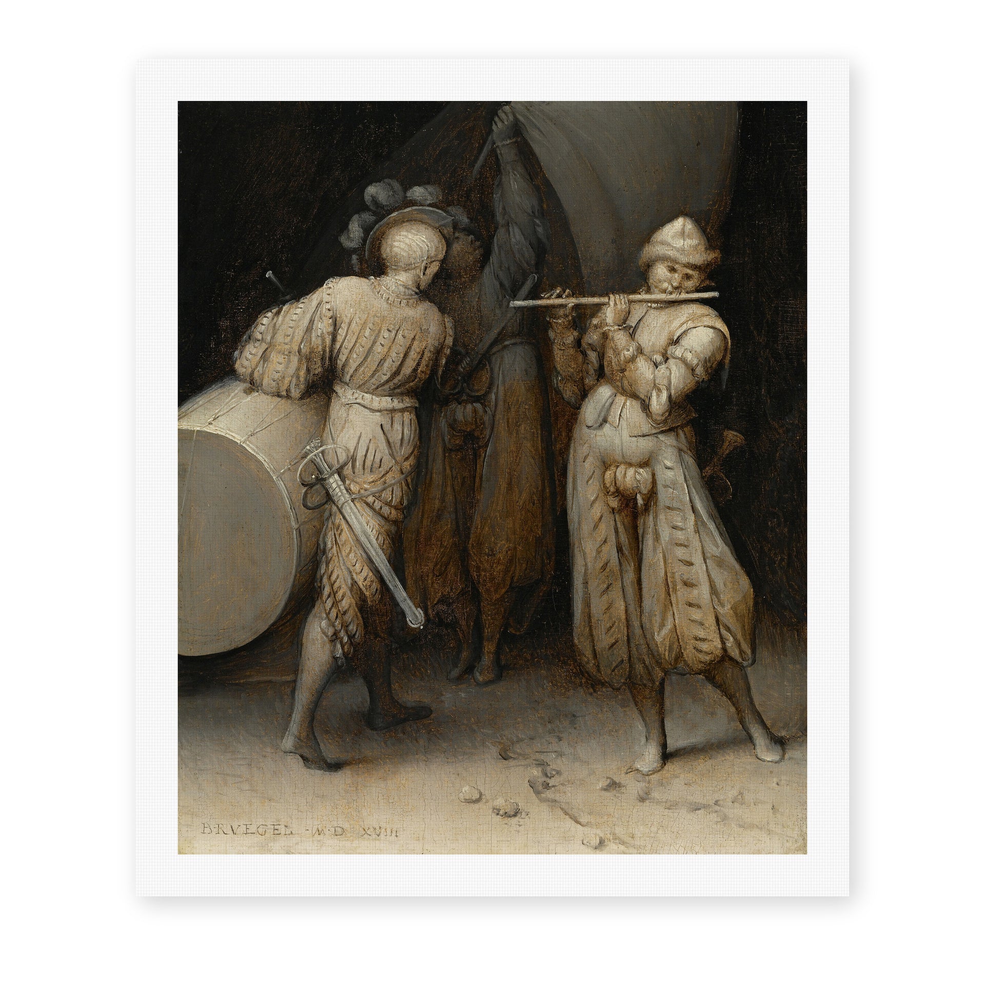 Pieter Bruegel the Elder's 'The Three Soldiers' painting reproduced as a rolled canvas print