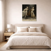 Gallery-wrapped canvas print of Pieter Bruegel the Elder's The Three Soldiers displayed on a wall in a bedroom