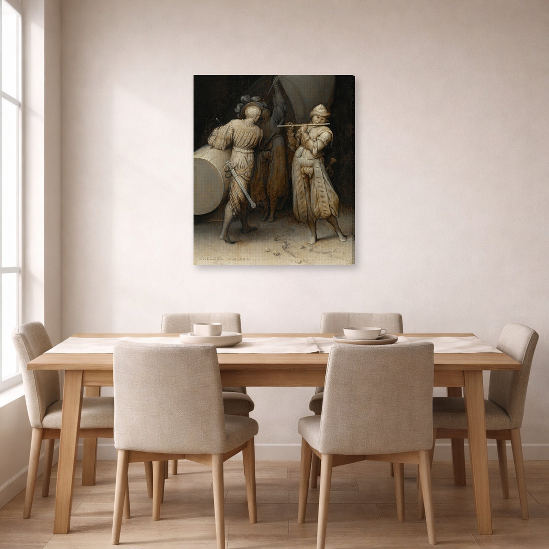 Gallery-wrapped canvas print of Pieter Bruegel the Elder's The Three Soldiers displayed on a wall in a dining room