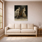 Gallery-wrapped canvas print of Pieter Bruegel the Elder's The Three Soldiers displayed on a wall in a living room