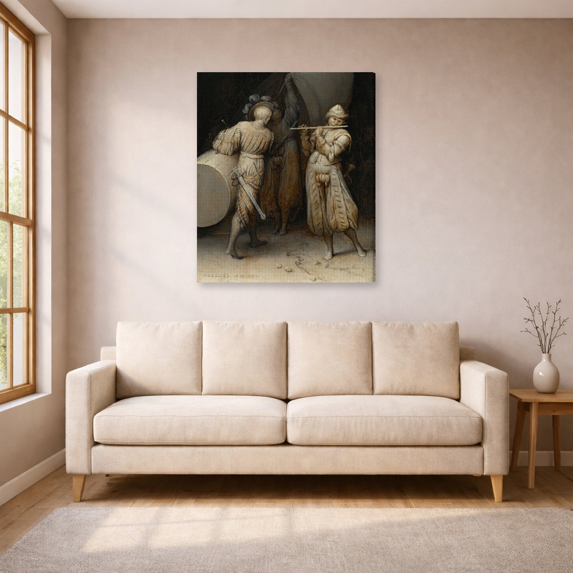 Gallery-wrapped canvas print of Pieter Bruegel the Elder's The Three Soldiers displayed on a wall in a living room