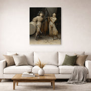 Gallery-wrapped canvas print of Pieter Bruegel the Elder's The Three Soldiers displayed on a wall in a living room