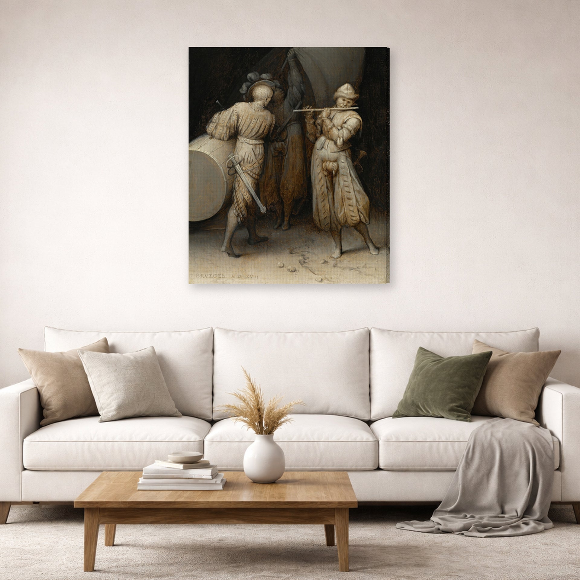 Gallery-wrapped canvas print of Pieter Bruegel the Elder's The Three Soldiers displayed on a wall in a living room