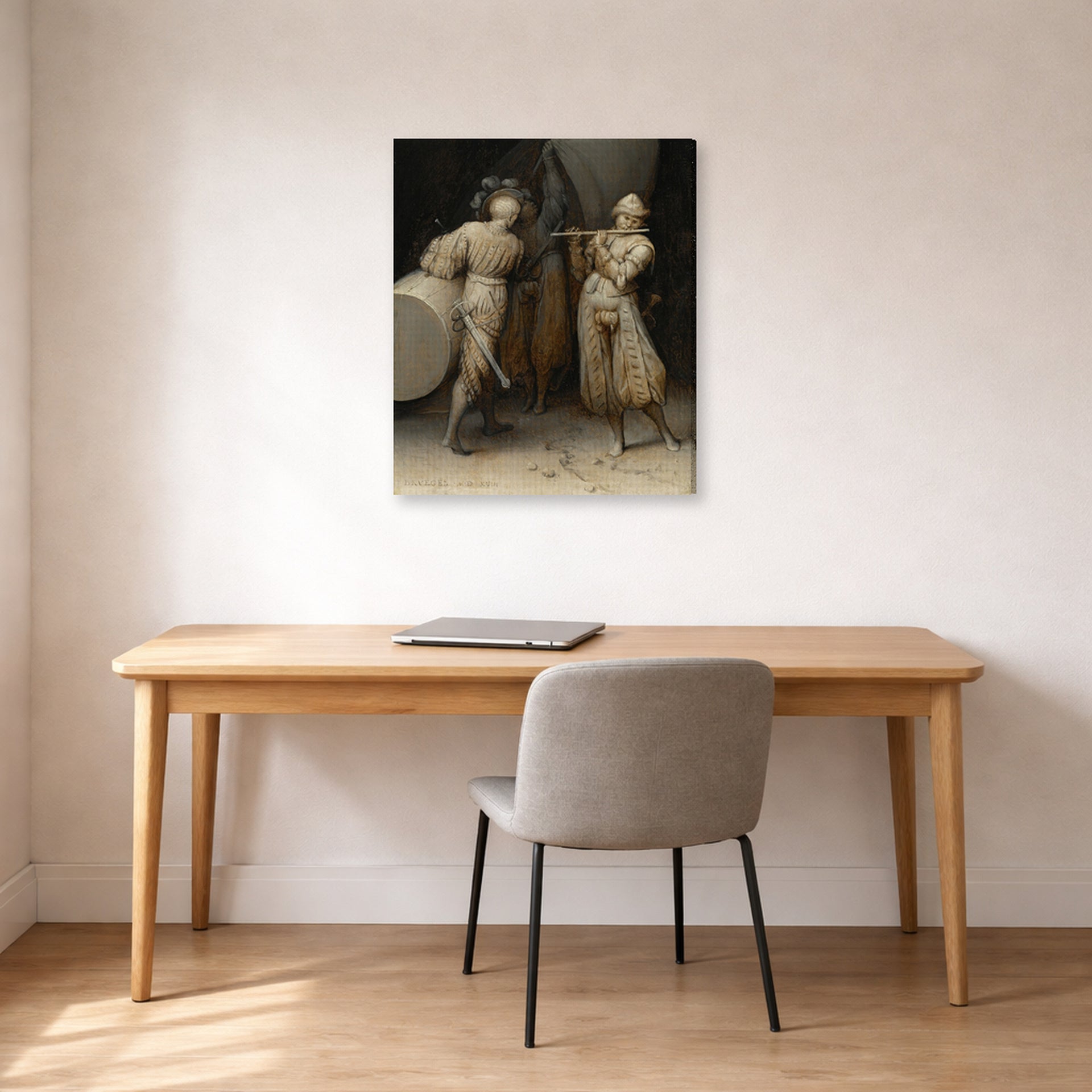 Gallery-wrapped canvas print of Pieter Bruegel the Elder's The Three Soldiers displayed on a wall in a home office