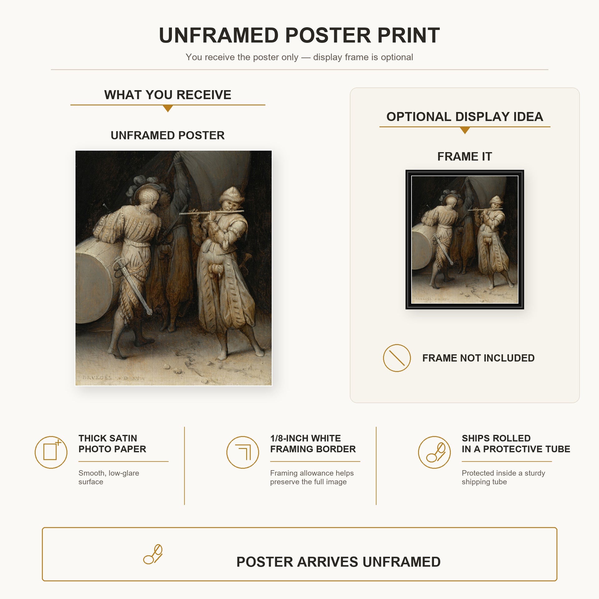 Pieter Bruegel the Elder - The Three Soldiers poster print size comparison and framing display infographic