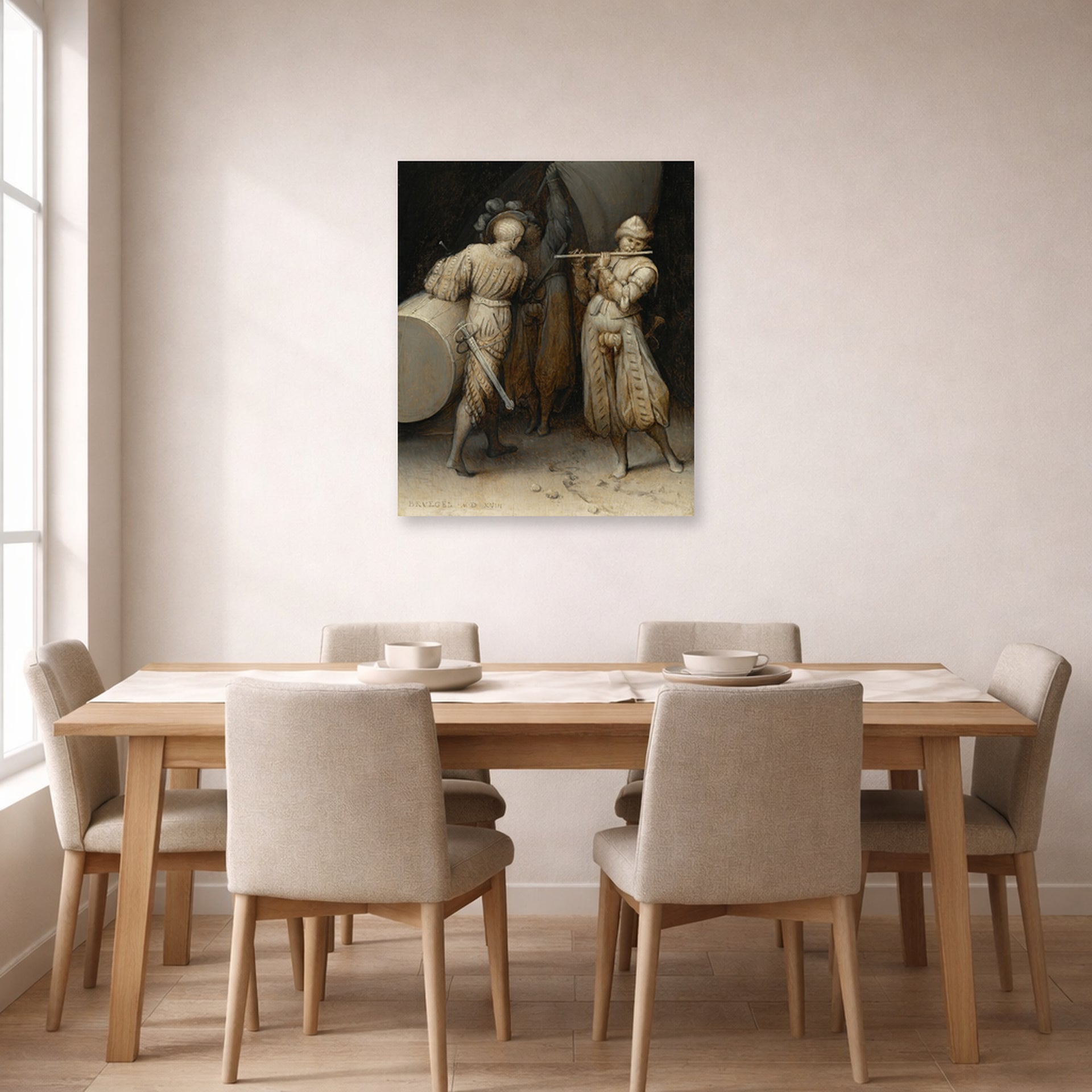 Unframed poster print of Pieter Bruegel the Elder's The Three Soldiers displayed on a wall in a dining room