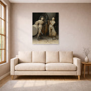 Unframed poster print of Pieter Bruegel the Elder's The Three Soldiers displayed on a wall in a living room