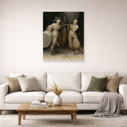 Unframed poster print of Pieter Bruegel the Elder's The Three Soldiers displayed on a wall in a living room
