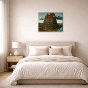 Gallery-wrapped canvas print of Pieter Bruegel the Elder's The Tower of Babel (Rotterdam) displayed on a wall in a bedroom