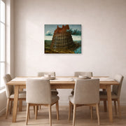 Gallery-wrapped canvas print of Pieter Bruegel the Elder's The Tower of Babel (Rotterdam) displayed on a wall in a dining room