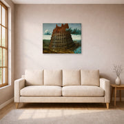 Gallery-wrapped canvas print of Pieter Bruegel the Elder's The Tower of Babel (Rotterdam) displayed on a wall in a living room