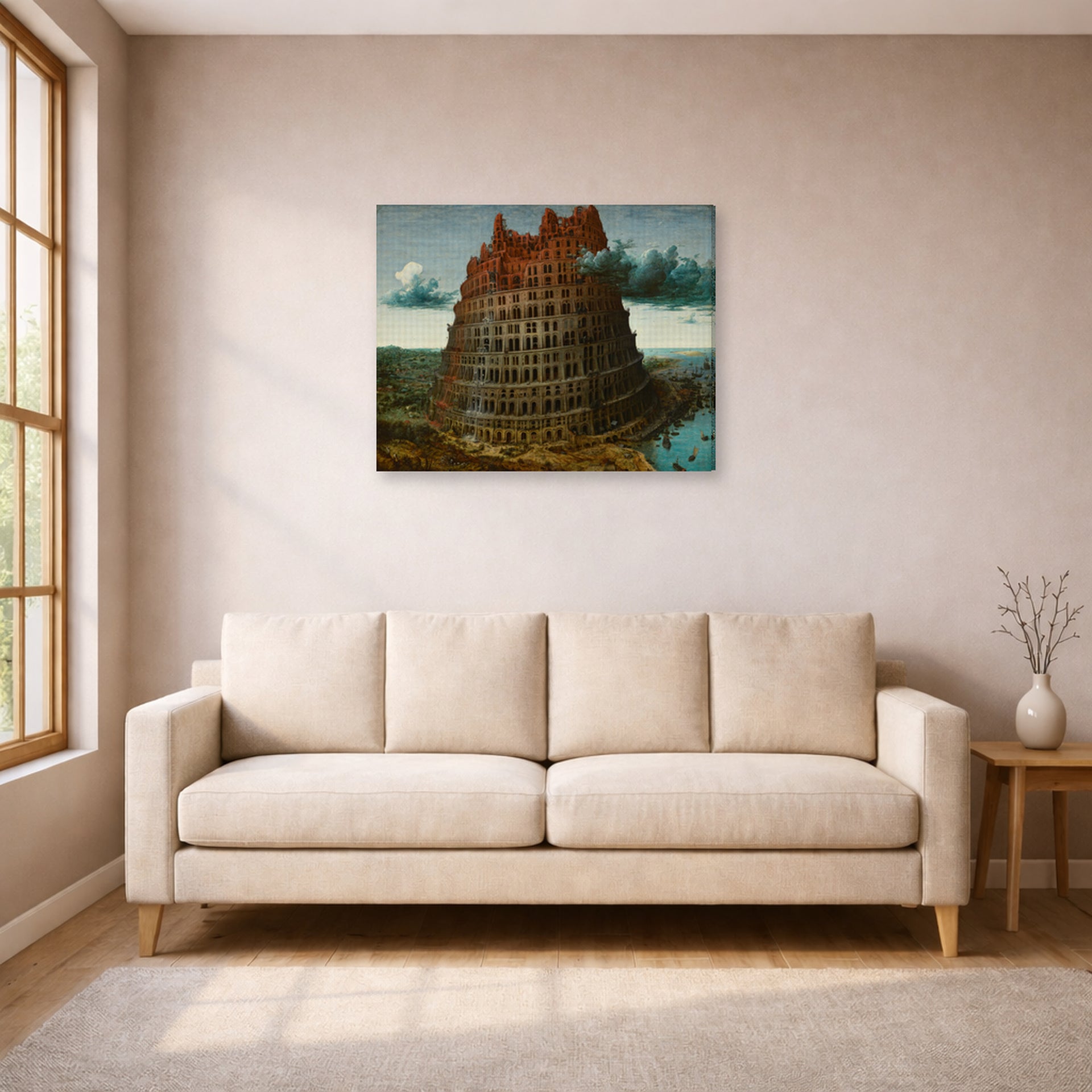 Gallery-wrapped canvas print of Pieter Bruegel the Elder's The Tower of Babel (Rotterdam) displayed on a wall in a living room