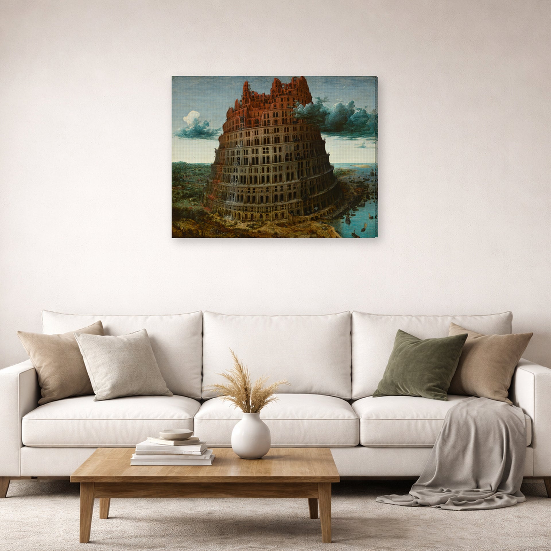 Gallery-wrapped canvas print of Pieter Bruegel the Elder's The Tower of Babel (Rotterdam) displayed on a wall in a living room