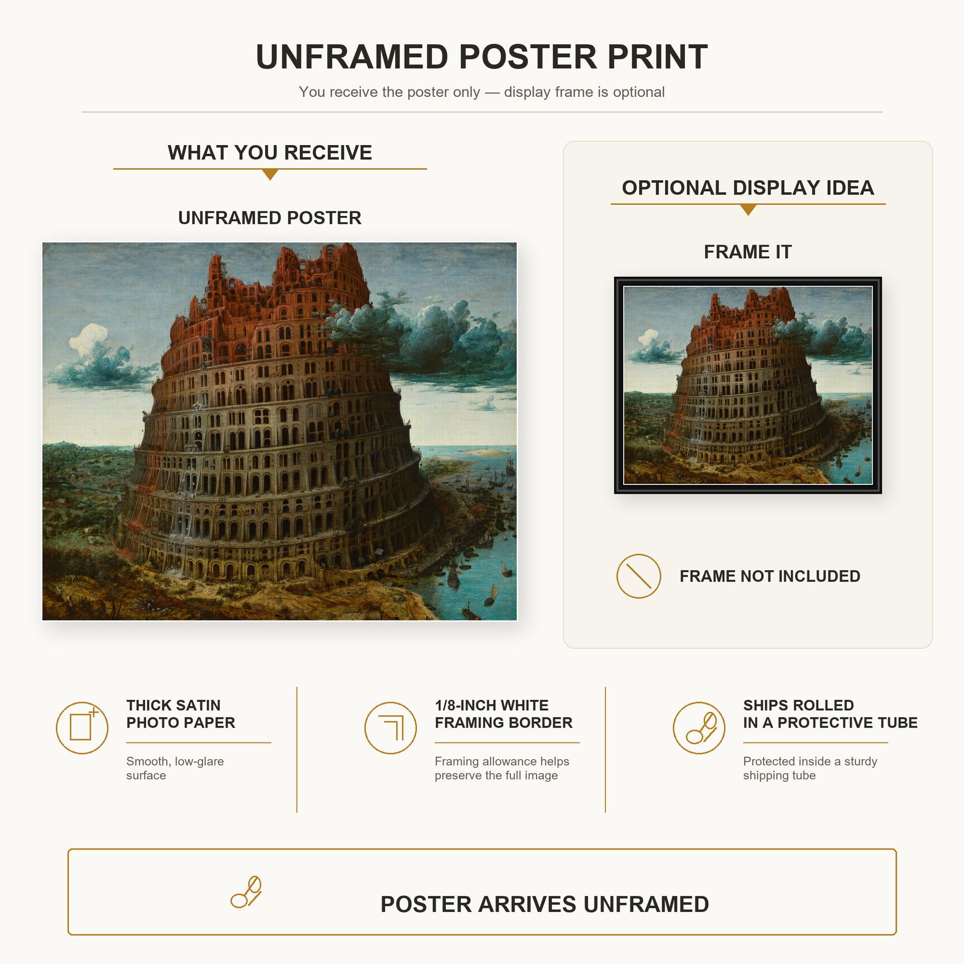 Pieter Bruegel the Elder - The Tower of Babel (Rotterdam) poster print size comparison and framing display infographic