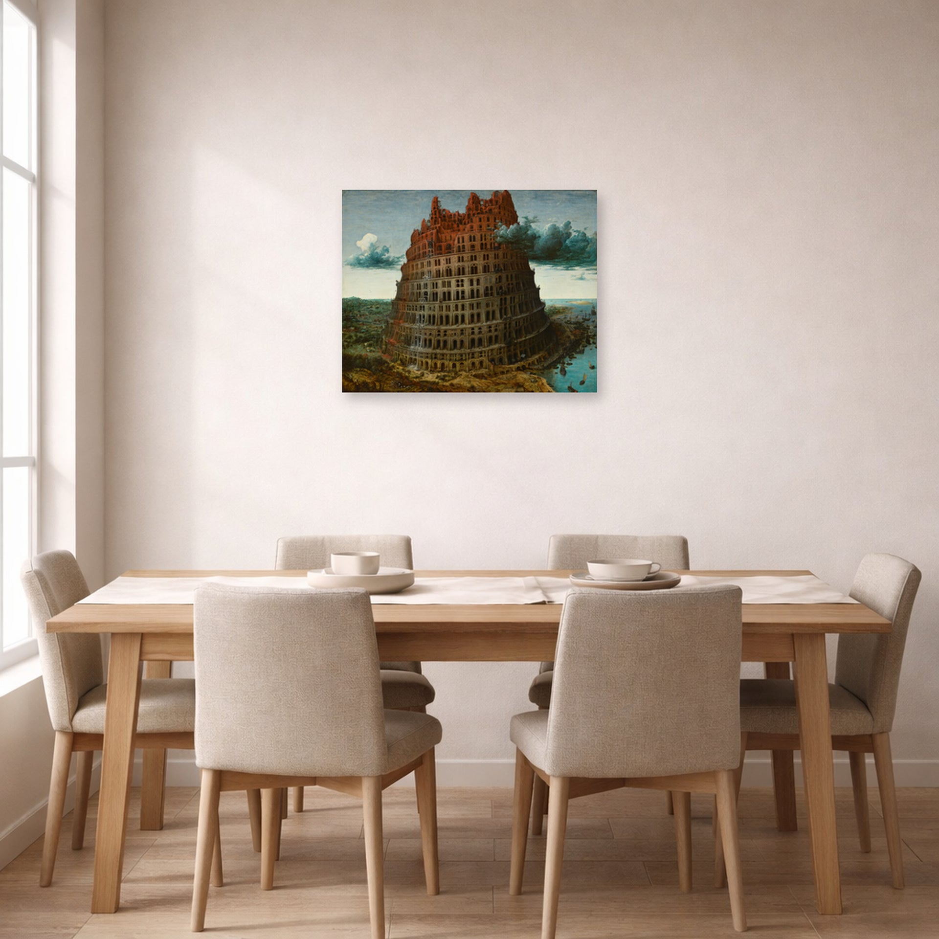 Unframed poster print of Pieter Bruegel the Elder's The Tower of Babel (Rotterdam) displayed on a wall in a dining room