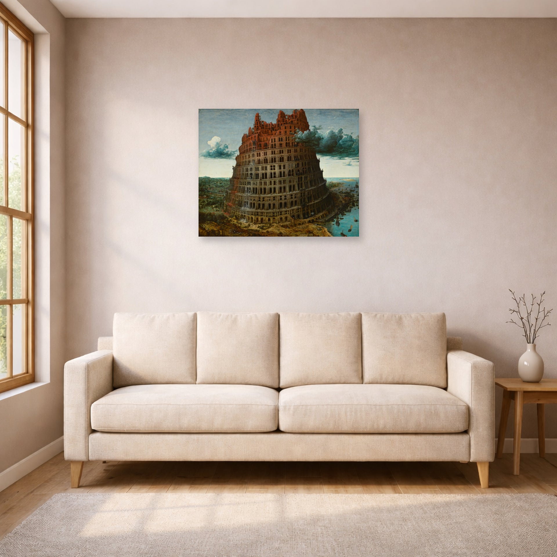 Unframed poster print of Pieter Bruegel the Elder's The Tower of Babel (Rotterdam) displayed on a wall in a living room