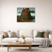 Unframed poster print of Pieter Bruegel the Elder's The Tower of Babel (Rotterdam) displayed on a wall in a living room