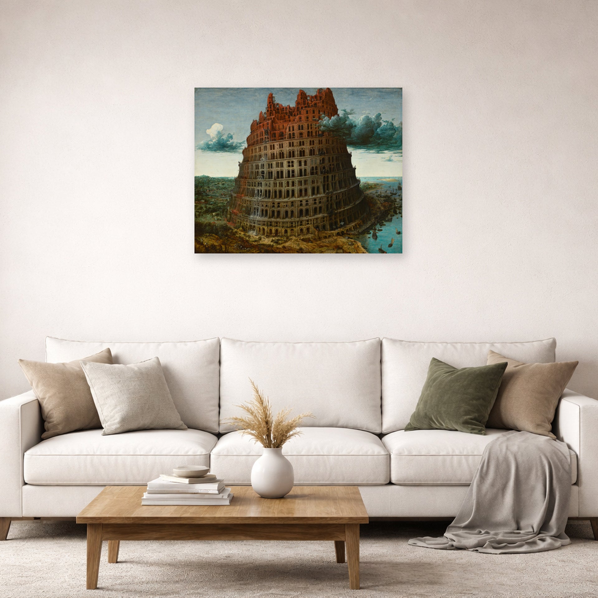 Unframed poster print of Pieter Bruegel the Elder's The Tower of Babel (Rotterdam) displayed on a wall in a living room