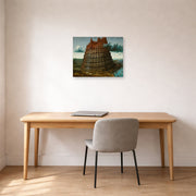 Unframed poster print of Pieter Bruegel the Elder's The Tower of Babel (Rotterdam) displayed on a wall in a home office