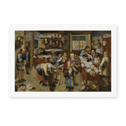 Pieter Bruegel the Elder's 'The Village Lawyer's Office' painting reproduced as a rolled canvas print
