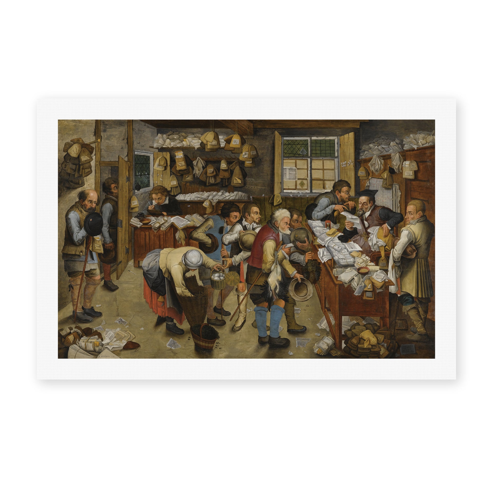 Pieter Bruegel the Elder's 'The Village Lawyer's Office' painting reproduced as a rolled canvas print