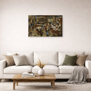 Gallery-wrapped canvas print of Pieter Bruegel the Elder's The Village Lawyer's Office displayed on a wall in a living room