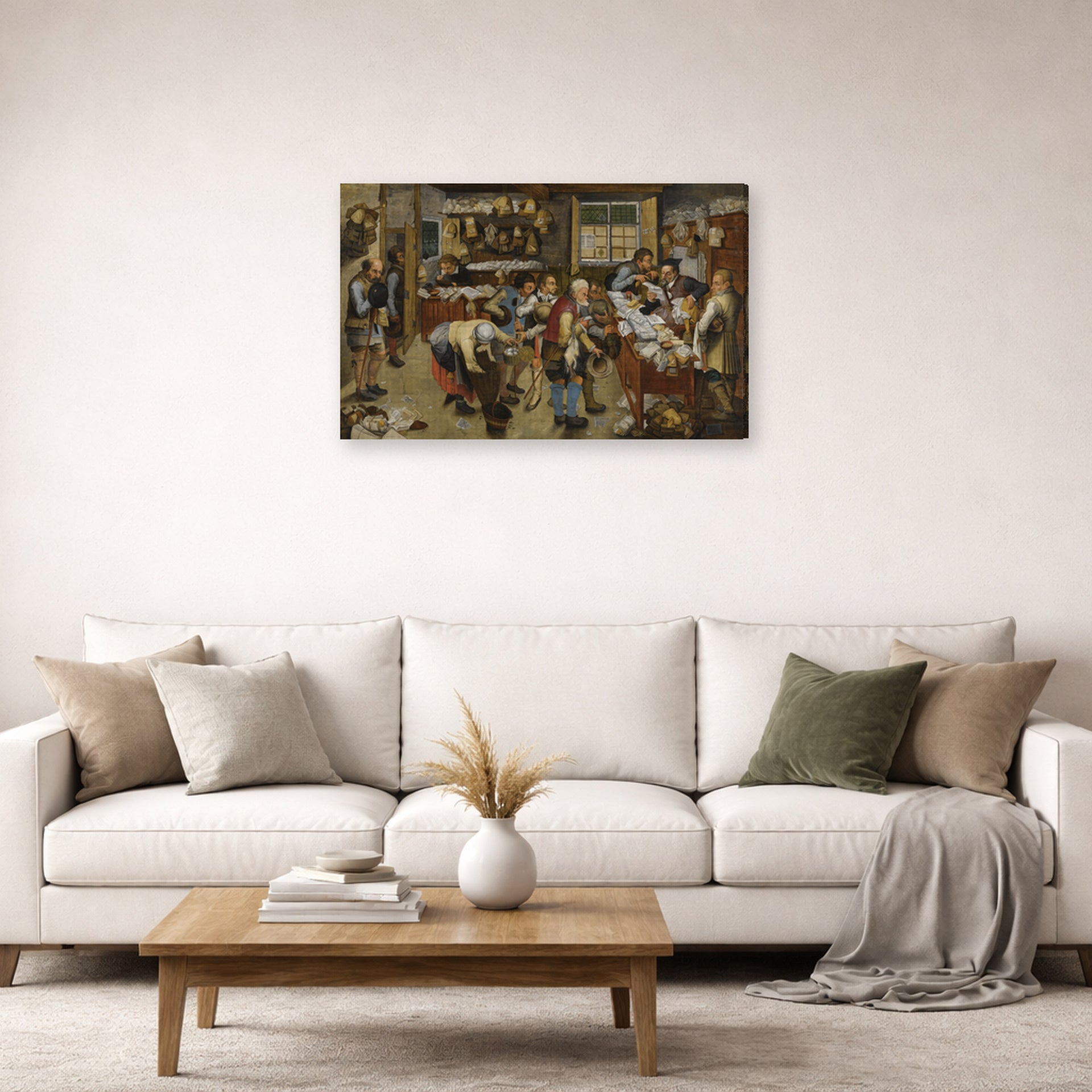 Gallery-wrapped canvas print of Pieter Bruegel the Elder's The Village Lawyer's Office displayed on a wall in a living room