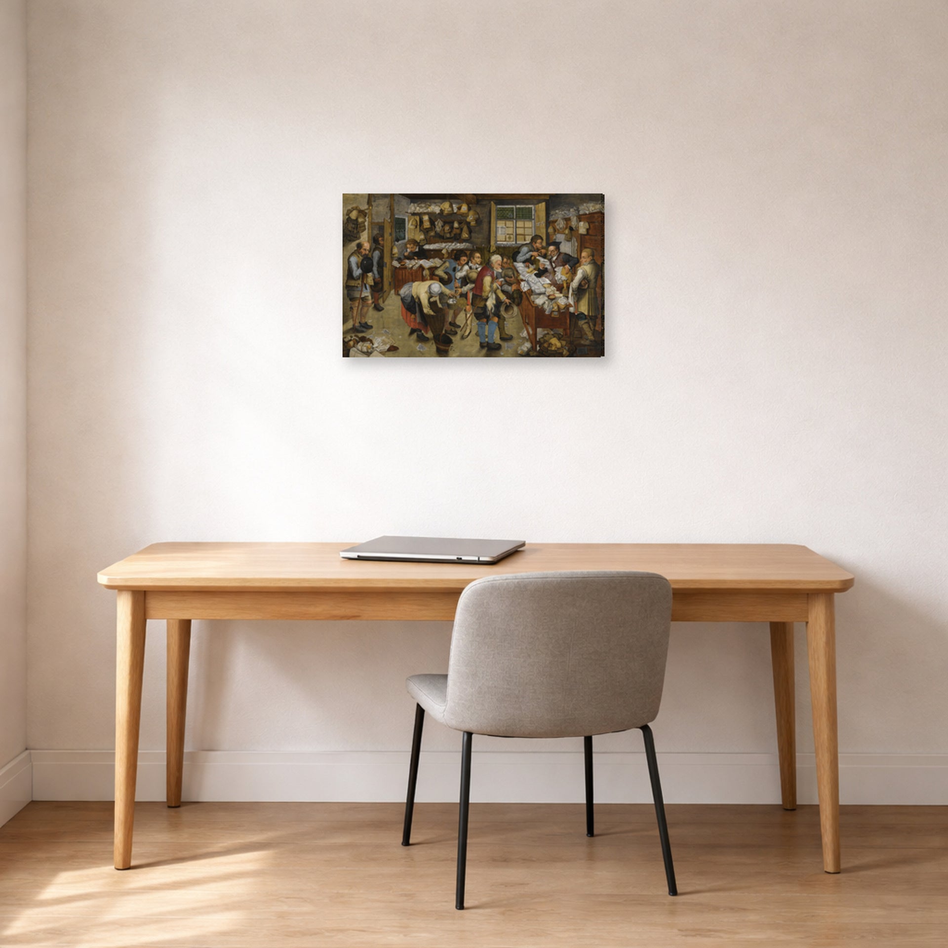 Gallery-wrapped canvas print of Pieter Bruegel the Elder's The Village Lawyer's Office displayed on a wall in a home office