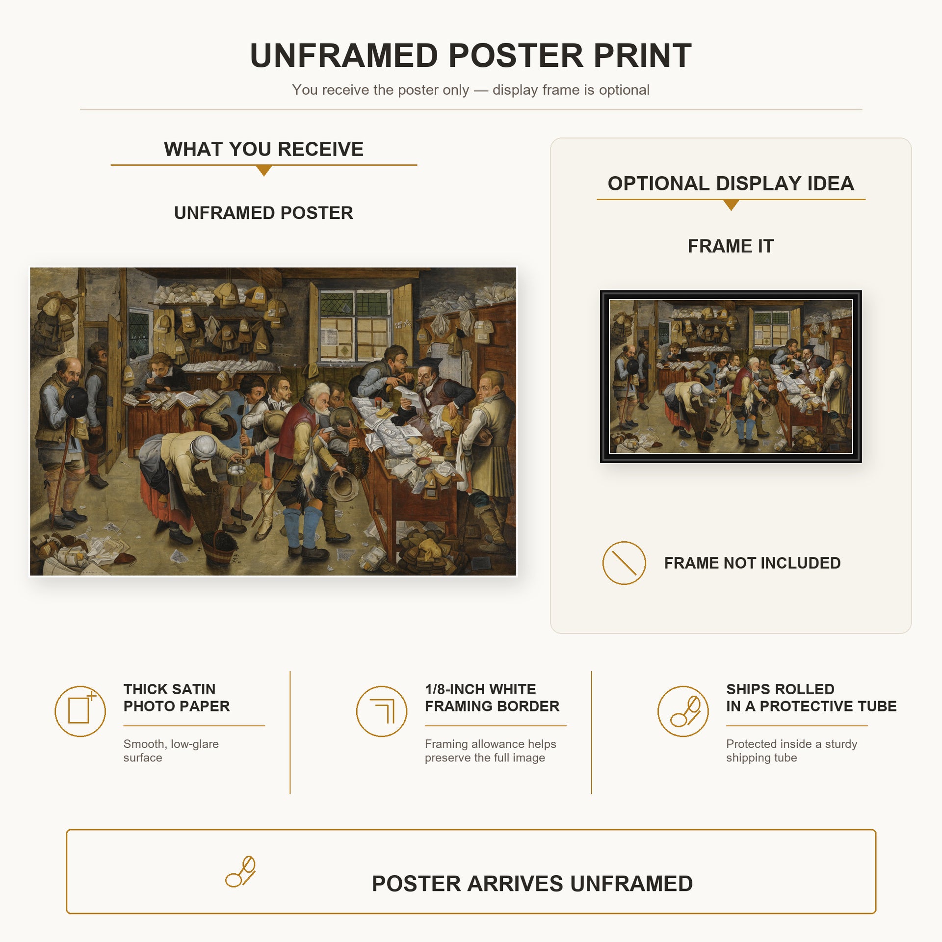 Pieter Bruegel the Elder - The Village Lawyer's Office poster print size comparison and framing display infographic