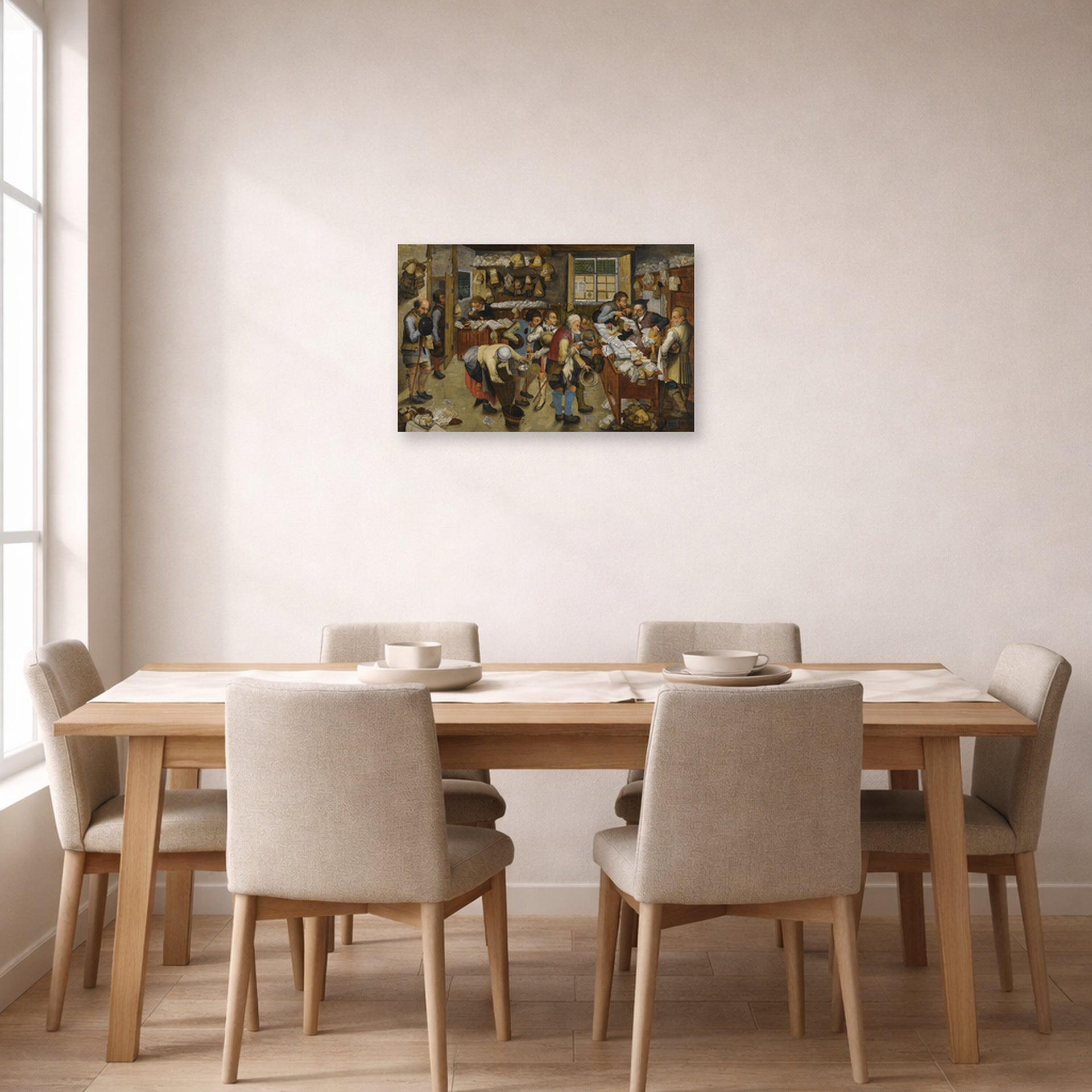Unframed poster print of Pieter Bruegel the Elder's The Village Lawyer's Office displayed on a wall in a dining room