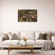 Unframed poster print of Pieter Bruegel the Elder's The Village Lawyer's Office displayed on a wall in a living room