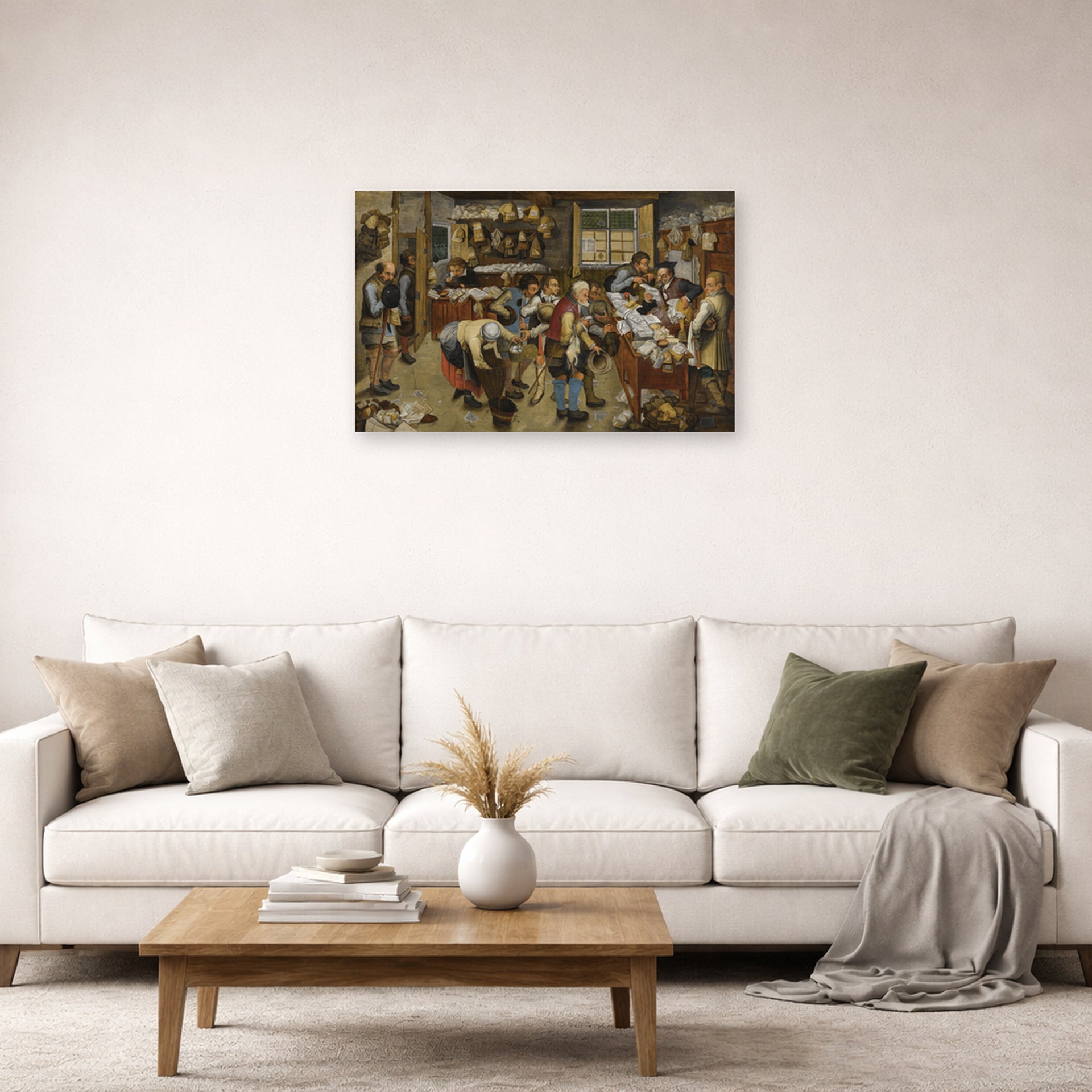 Unframed poster print of Pieter Bruegel the Elder's The Village Lawyer's Office displayed on a wall in a living room