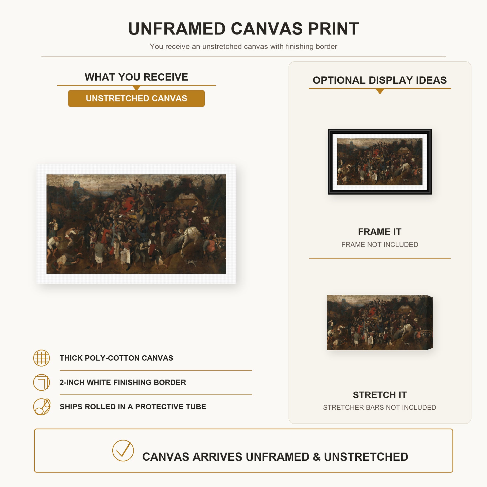 Pieter Bruegel the Elder - The Wine of Saint Martins Day canvas print size comparison and framing display infographic