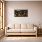 Gallery-wrapped canvas print of Pieter Bruegel the Elder's The Wine of Saint Martins Day displayed on a wall in a living room