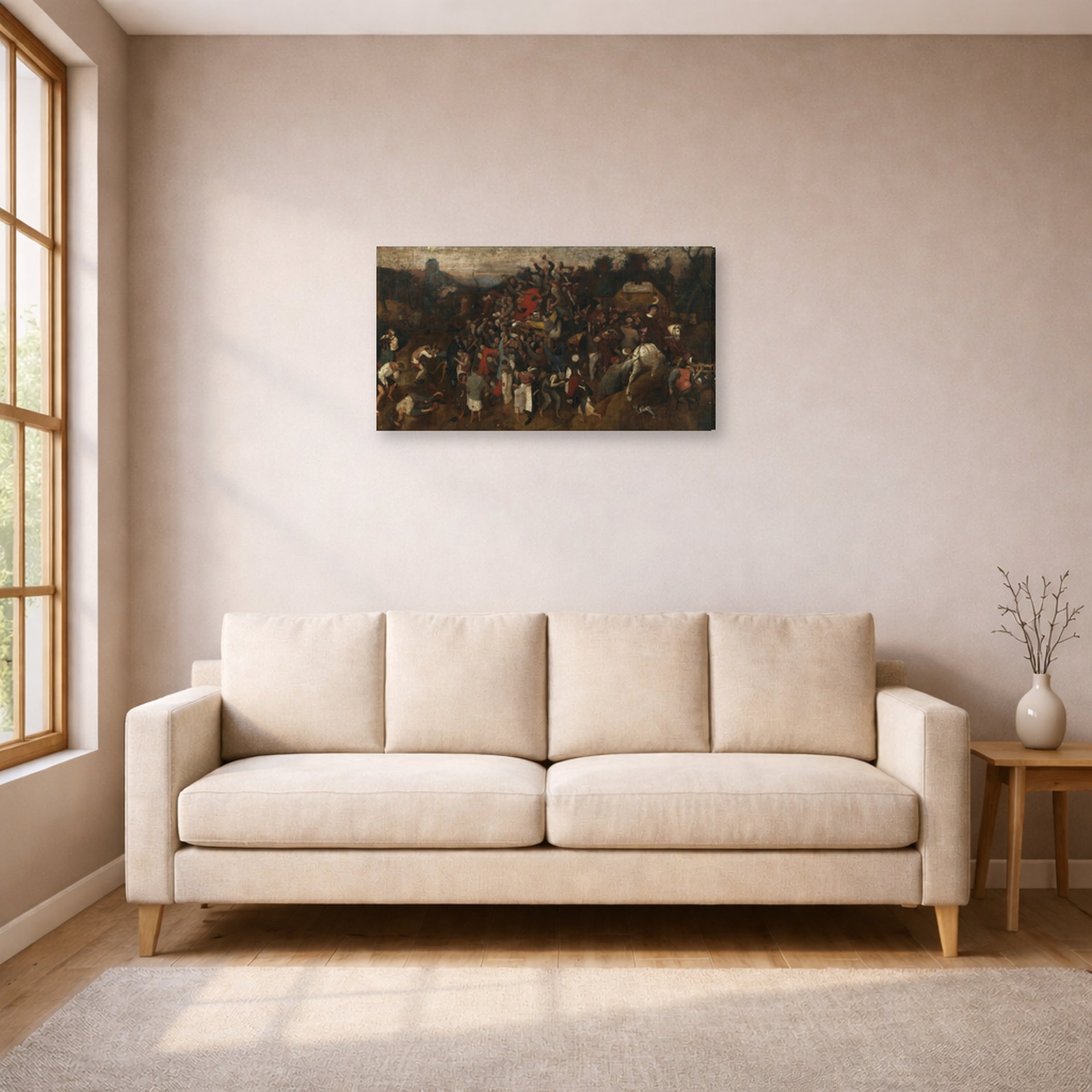 Gallery-wrapped canvas print of Pieter Bruegel the Elder's The Wine of Saint Martins Day displayed on a wall in a living room
