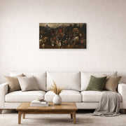 Gallery-wrapped canvas print of Pieter Bruegel the Elder's The Wine of Saint Martins Day displayed on a wall in a living room