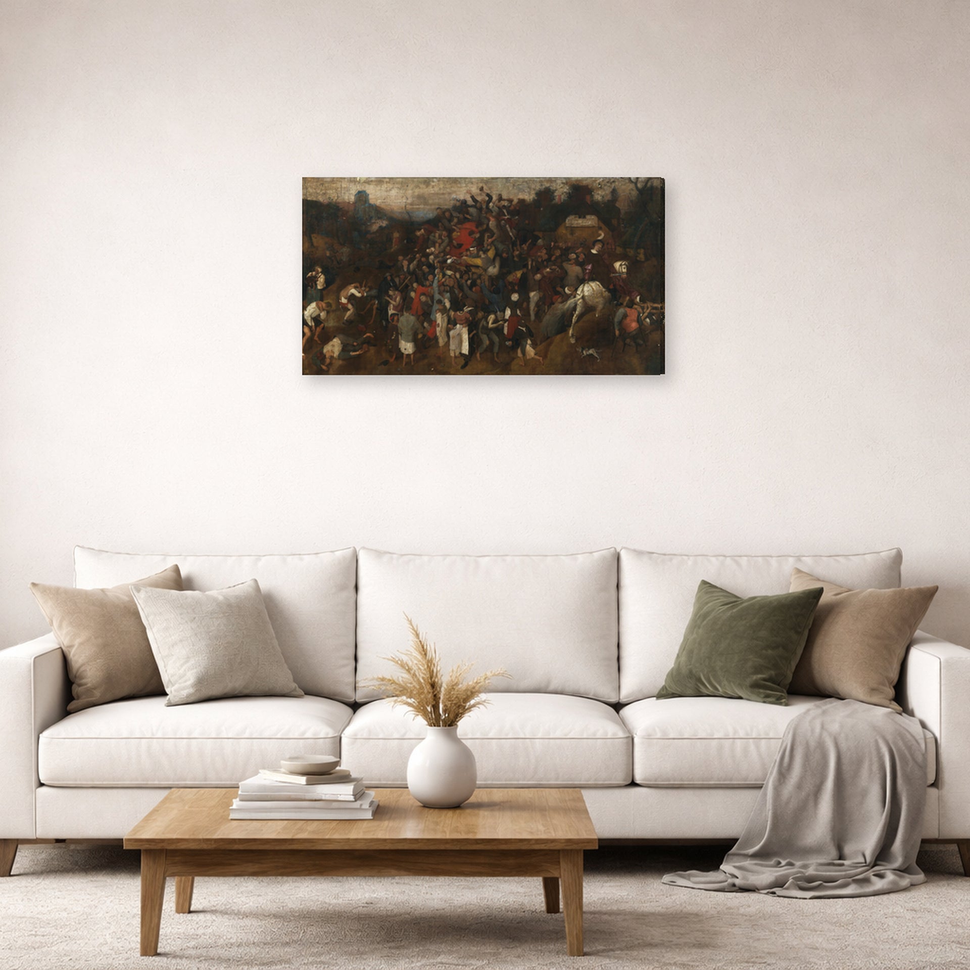 Gallery-wrapped canvas print of Pieter Bruegel the Elder's The Wine of Saint Martins Day displayed on a wall in a living room